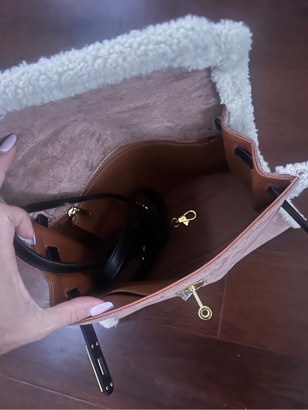 Taupe Shearling Trim Top-Handle Bag with Gold Lock - Picture 3 of 3